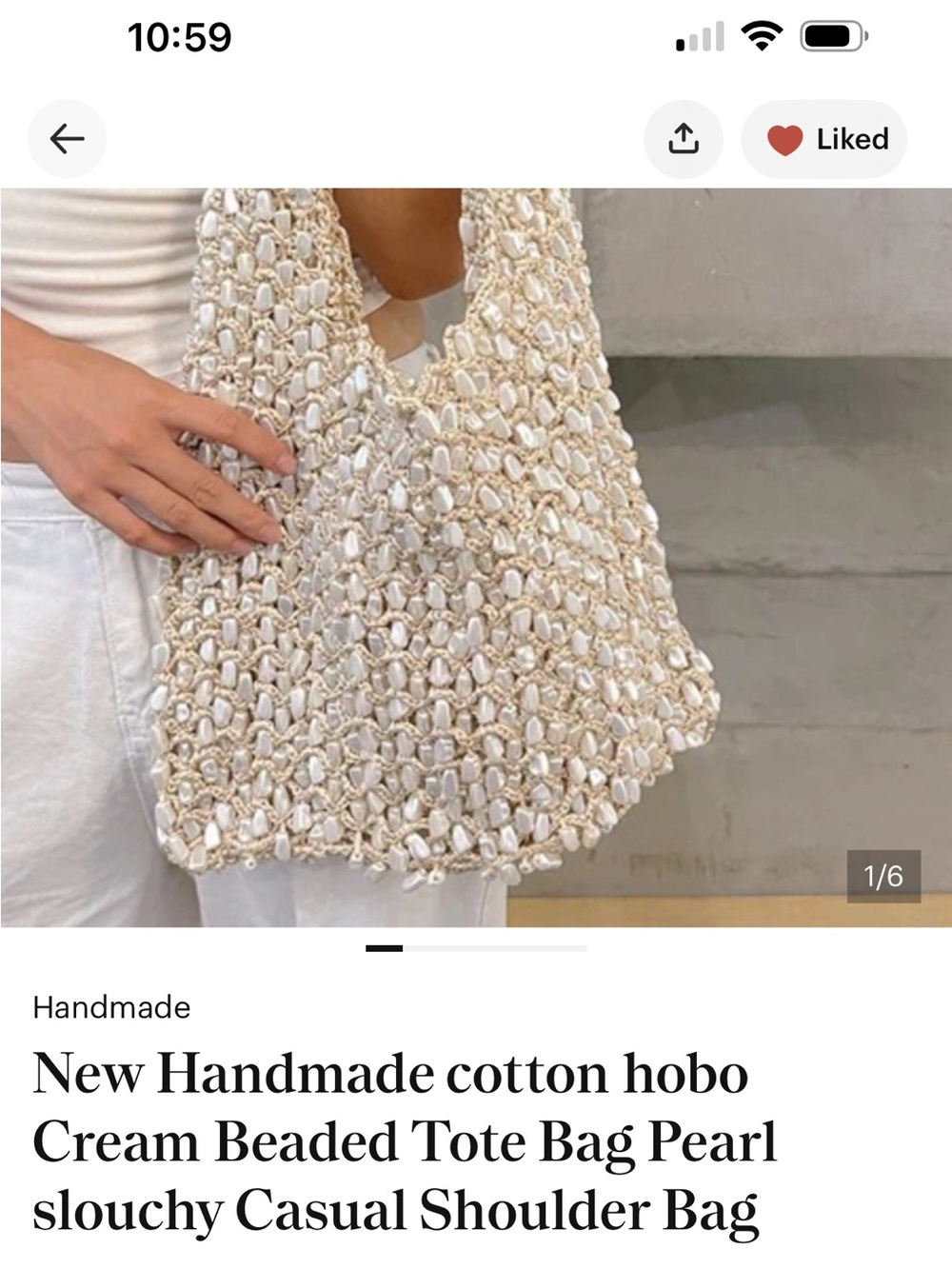 New Handmade cotton hobo Cream Beaded Tote Bag Pearl slouchy Casual Shoulder Bag